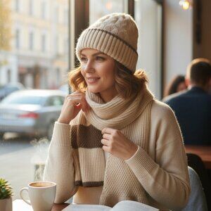 Cozy Knit Beanie with Attached Scarf – One Size – Cream